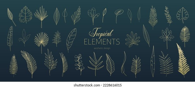 Golden tropical leaves line icons set vector illustration. Hand drawn outline gold leaf of tree from tropics, plants of exotic forest, luxury foliage of tropical summer paradise and beach party