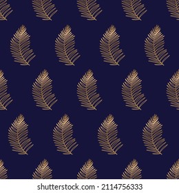 Golden tropical leaves on blue background. Vector illustration. Wallpaper print. 
