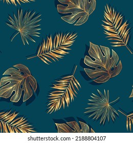 Golden tropical leaves on a blue background. Monstera leaf outlines in seamless pattern. Botanical background.