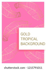 Golden tropical leaves on pastel background. Exotic background for covers, brochures, postcards. Gold.