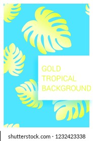 Golden tropical leaves on pastel background. Exotic background for covers, brochures, postcards. Gold.