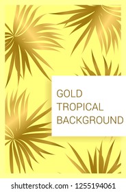 Golden tropical leaves on pastel background. Exotic background for covers, brochures, postcards. Gold.