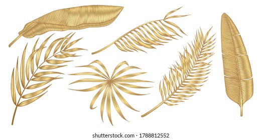 Golden tropical leaves on white background. Elegant exotic decoration  for cosmetics, spa, perfume, health care products,  tourist agency, summer party invitation, aroma.