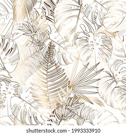 golden  tropical leaves on a white background. Seamless pattern in the style of Jungalow and Hawaii. Botanical background.