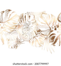 golden tropical leaves on a white background. Seamless pattern in the style of Jungalow and Hawaii. Botanical background.