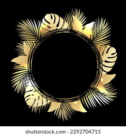 Golden Tropical Leaves And Poster With Black Background , Vector Illustration