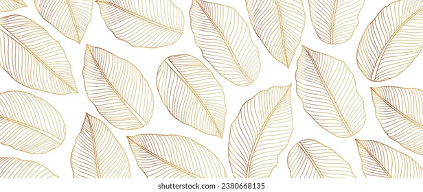 Golden tropical leaves wallpaper, luxury botanical nature leaf design, vector background with golden banana leaf lines. Hand drawn, suitable for fabric design, print, cover, banner and invitations.	