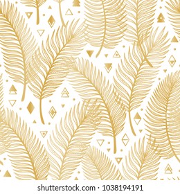 Golden Tropical Palm Tree Leaves with Geometric Shapes Vector Seamless Pattern. Palm Leaf Sketch with triangles, rhombuses and circles. Summer Floral Background. Tropical Plants Wallpaper