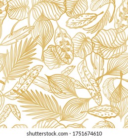 Golden Tropical Pattern. Palm Tree Leaves Vector Seamless Pattern. Hand Drawn Doodle Sketch Tropical Leaf Wallpaper. Summer Floral  Background