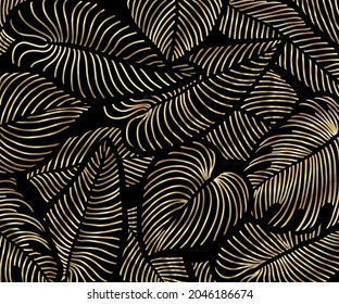  Golden tropical pattern, split-leaf Philodendron plant with monstera plant line arts vector
