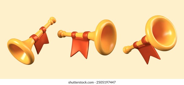 Golden trumpet in different positions. Vector realistic mockup