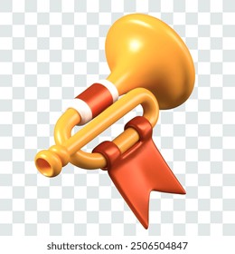 Golden trumpet with festive flag. Musical instrument to announce victory