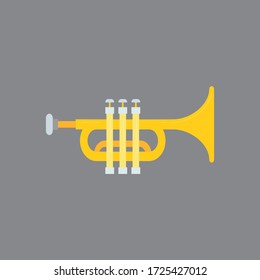 Golden trumpet flat design vector illustration on gray background.