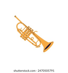 Golden trumpet icon. Gold cornet for playing classical or jazz performance, blues melody. Wind, brass instrument, professional music equipment. Flat isolated vector illustration on white background