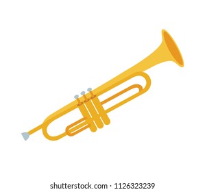 Golden trumpet isolated on white background. Vector illustration of trumpet. Wind musical instrument. Trumpet icon,  cute flat cartoon style