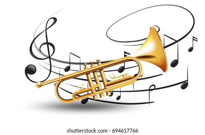 Golden trumpet with music notes in background illustration