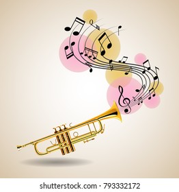 Golden trumpet with music notes in background. Vector illustration