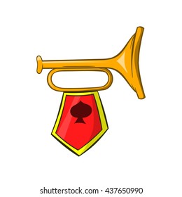 Golden trumpet with a red flag icon, cartoon style