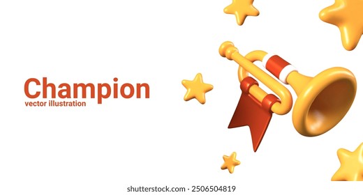 Golden trumpet of royal herald, stars on white background. Victory notification