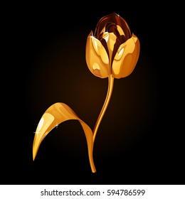 Golden tulip with curved stalk, leaf and open petals, with backlight and highlights, on a black background