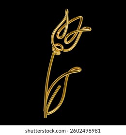 Golden tulip shaped from a single continuous gold wire in 3D vector illustration, isolated on black. Luxury floral line art concept for greeting cards, invitations, posters, or decoration