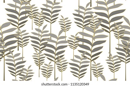 Golden tumeric leaves. Big leaves and exotic flowers composition. Vector illustration. Botanical seamless wallpaper. Digital nature art. Cartoon style sketch. White background.