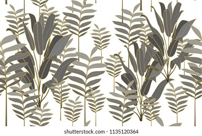 Golden tumeric leaves. Big leaves and exotic flowers composition. Vector illustration. Botanical seamless wallpaper. Digital nature art. Cartoon style sketch. White background.