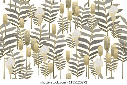 Golden tumeric leaves and flowers. Big leaves and exotic flowers composition. Vector illustration. Botanical seamless wallpaper. Digital nature art. Cartoon style sketch. White background.