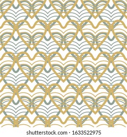 Golden and turquoise hearts seamless pattern. Golden and turquoise pattern isolated on white. Abstract geometric retro background in the style of the 20s.