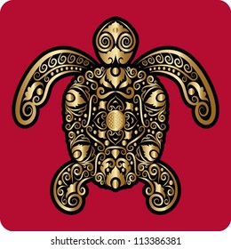 Golden turtle ornament. Turtle with floral decorative ornament. Easy to edit background. Use for any design you want.