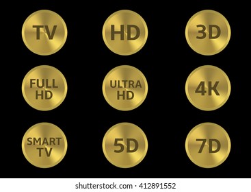 Golden tv format labels. TV HD 3D 4K 5D 7D Full HD Smart TV Ultra HD