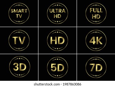 Golden TV icon set. TV labels TV HD 3D 5D 7D Smart TV Full HD 4K Ultra HD