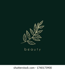 Golden Twig with leaves in a contour line style on a green background with the inscription. Vector stock illustration.