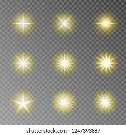 Golden twinkle sparkle vector isolated on transparent background. Flash light camera effect. Glare lens collection. Flare light decoration elements. Vector illustration.