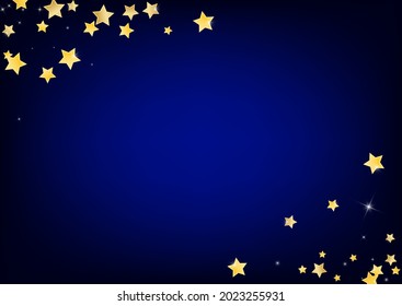 Golden Twinkle Stars Vector Blue Background. Graphic Sparkle Background. Universe Banner. Yellow Abstract Glitter Illustration.