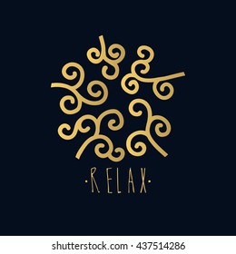 Golden twirls on blue background. Hand drawn vector illustration. Relax hand written lettering. Eastern ornament for t-shirt, poster, greeting card. 