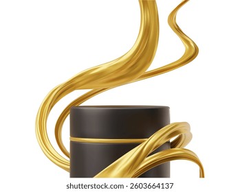 Golden twisted ribbons on black podium display. Vector 3D realistic deluxe showcase design. Abstract gold intertwined wave shapes on pedestal or bottle product. Elegant luxurious performance backdrop