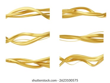 Golden twisted ribbons on white background 3D vector set. Abstract intertwined wave shapes. Horizontal curvy yellow metal lines stream. Elegant luxury backdrop. Realistic jewelry pattern design