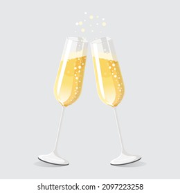 Golden two glasses champagne isolated on gray background. Wine glass. Celebrate party. Sparkling wine vector illustration. Isolated object