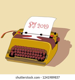 Golden typewriter with paper with PF 2019. Vector illustration on yellow background