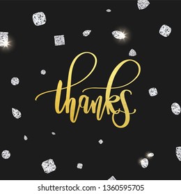 golden typo of Thanks lettering with shiny diamond gems abstract background. concept for jewelry and luxury template or thank you card in vector illustrative. 