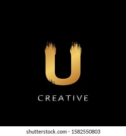 Golden  U  Brush Stroke  Logo design. Golden Paint Logo Letter Icon with Elegant  brush shape Vector Design concept.