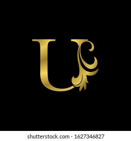 Golden U Initial Letter Luxurious logo icon, vintage luxury vector design concept outline alphabet letter with  floral leaf  gold color for luxuries business.