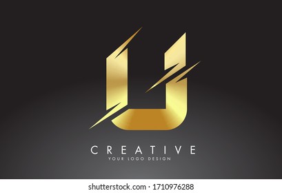 Golden U letter logo design with creative cuts. Creative vector illustration.