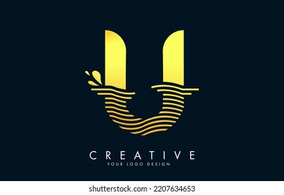 Golden U Letter Logo with Waves and Water Drops Design Vector Illustration.