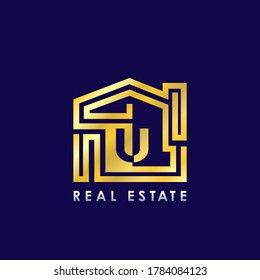 Golden U Line House Logo Template Design for Building Real Estate Business Identity Logo Icon.