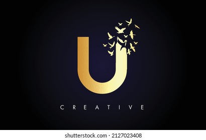 Golden U Logo Letter with Flying Flock of Birds Disintegrating from the Letter. U Gold Texture Letter with Bird Fly Letter Icon.