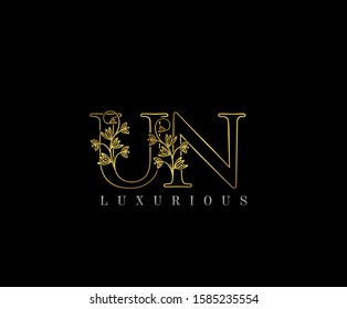 Golden U, N and UN Letter Classy Floral Logo Icon,  Elegant Design.