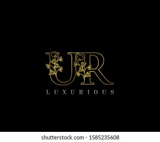 Golden U, R and UR Letter Classy Floral Logo Icon,  Elegant Design.