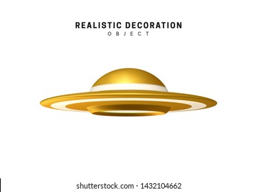 Golden Ufo. Flying spaceship. Flying flat plate. The alien apparatus. Unidentified flying object. Vector illustration isolated on white background. Design element in 3d